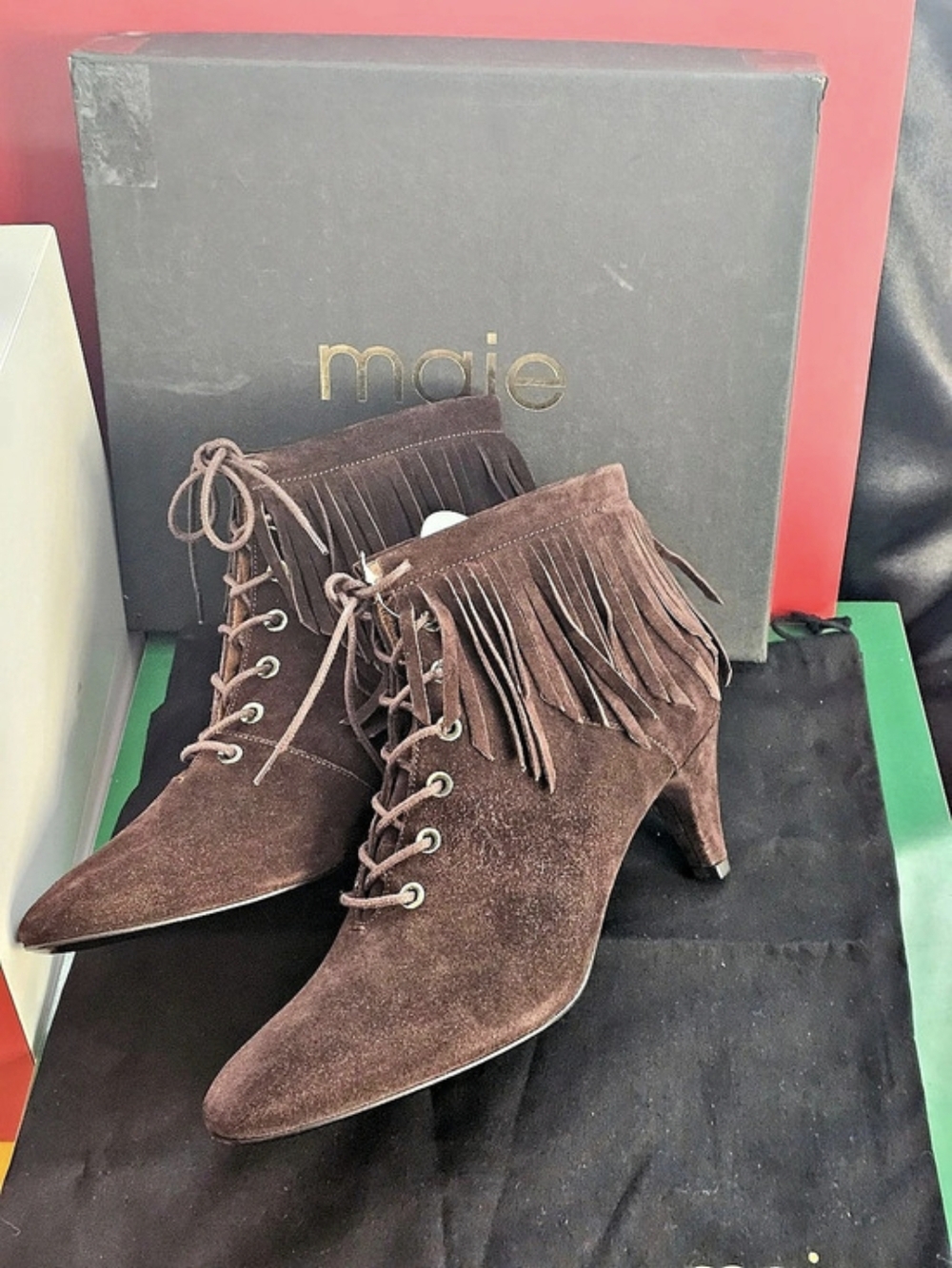 ❗️ MAJE FOX SUEDE BOTTINES FRINGE ACCENTS Brown EU 40 NWB ❗️